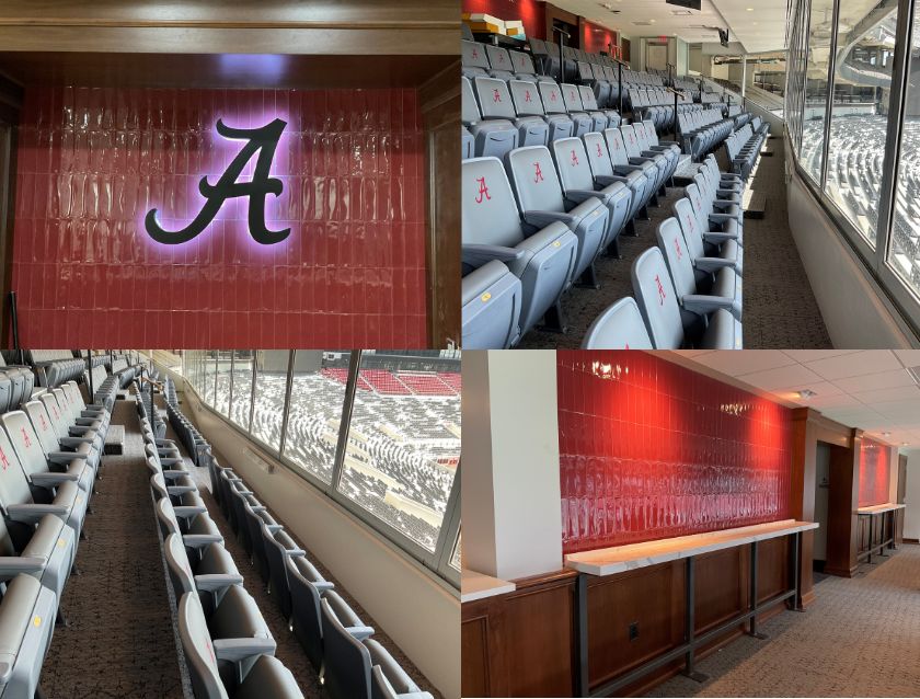 Backsplash and carpet installation at the University of Alabama football stadum