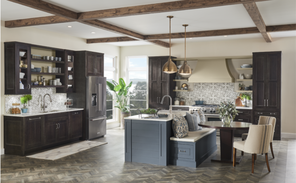 Multi-generational kitchen with built in storage in a seating bench