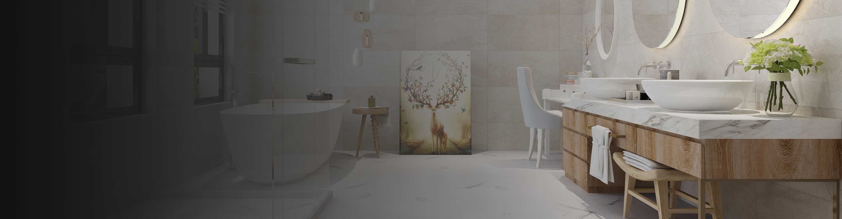 modern bathroom with white tub, walk-in shower, vanity with led mirrors and tile walls and marble look tile floors